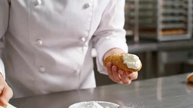 Pastry Chef Decorating Cannoli with Cream in a Professional Kitchen.