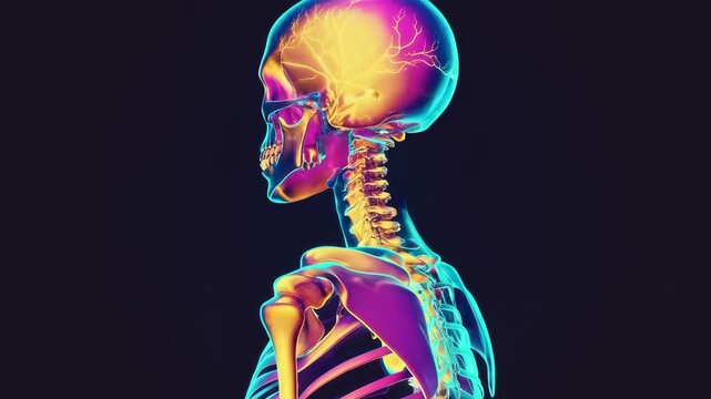 Skeletal System Illustration: An artistic, side-view illustration of the human skeletal system, showcasing the intricate structure of bones and joints, rendered in vibrant hues of light.