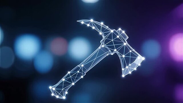 Digital rendering of a geometric hammer with glowing lines against a blurred colorful background, creating a modern and tech-inspired atmosphere