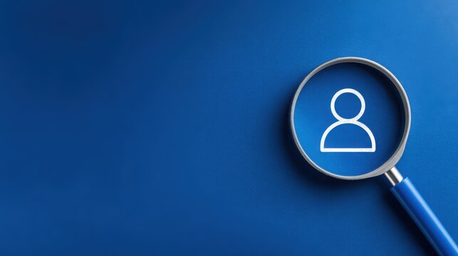 Human resources and recruitment concept. Magnifying glass focusing on a user icon on a solid blue background.