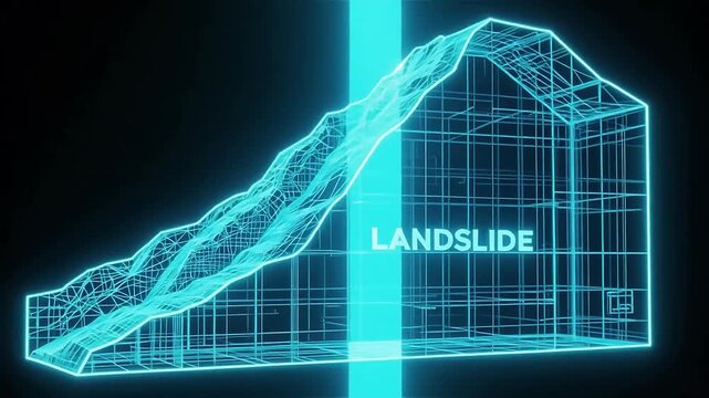 A digital visualization of a landslide represented through a glowing blue wireframe structure against a dark background, showcasing geological features
