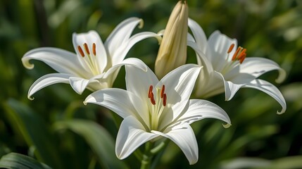 Fototapeta premium Closeup of Elegant White Easter Lilies with Soft Green Background