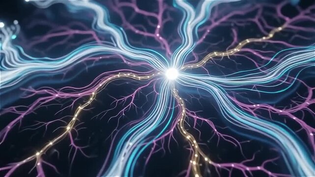 Dynamic abstract visualization of electric energy radiating in intricate patterns against a dark background with luminous nodes