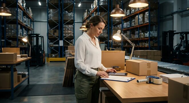 Focused Female Warehouse Manager Using Digital Tablet to Check Inventory Levels in Modern Industrial Distribution Center