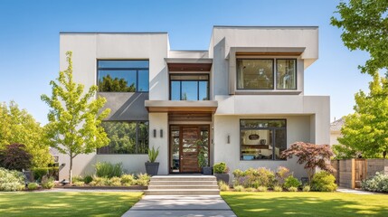 Modern luxury two-story house with minimalist architecture, large windows and landscaped garden