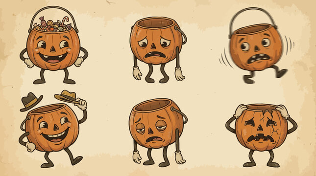 Vintage Rubber Hose Pumpkin Pail Character Set. Retro Halloween Candy Bucket Expressions: Happy, Sad, Scared, Broken, Tired.