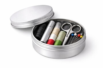 Silver metal tin sewing kit with thread coils needle case and tiny scissors organized home essentials high key studio isolated on white