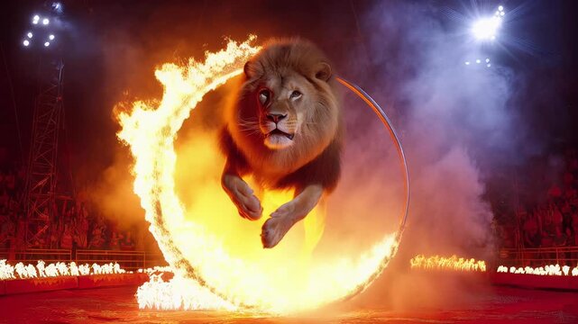 Lion performing daring circus stunt, leaping through flaming hoop, arena spectacle, animal act, fire performance, theatrical show, roaring.