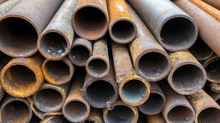 A pile of rusty metal pipes of various sizes shows significant corrosion and rough texture