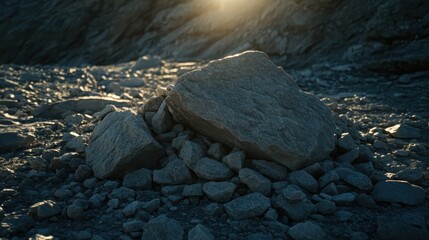 A pile of small rough stones forming an uneven scatter on the ground with soft sunlight filtering through