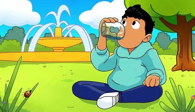 boy drinking water cartoon in park