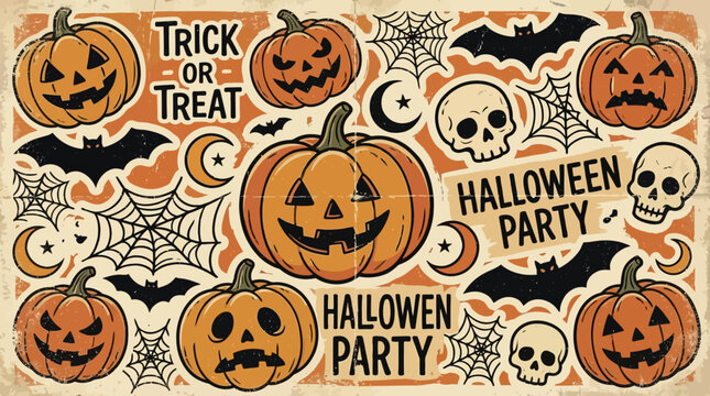 Vintage Halloween Sticker Background Pattern. Retro Jack-O-Lanterns, Skulls, Bats, Spiderwebs, and Trick or Treat elements for spooky party posters and invitations.