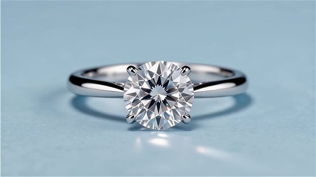 Close-up view of an elegant diamond ring with a brilliant clear stone set on a polished white gold band against a soft blue background