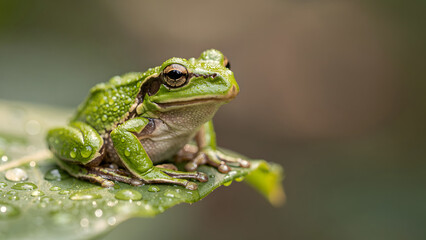Obraz premium Green frog macro portrait on leaf with copy space
