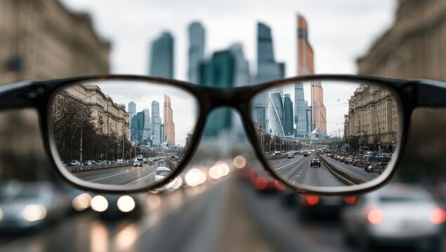 View through eyeglasses focusing on city's skyscrapers