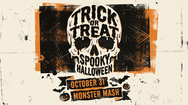 Halloween Skull Poster: Trick or Treat Monster Mash Event Invitation. Vintage Grunge Screen Print Graphic for October 31 Celebration.