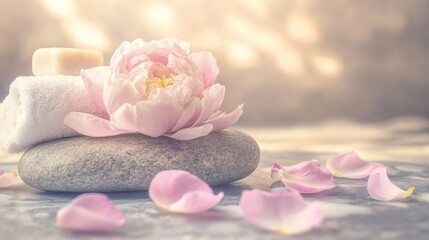 A soft pink peony flower rests on a smooth stone surrounded by delicate petals, evoking a sense of calm and natural beauty