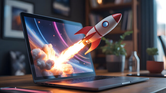 Red and white rocket launching from a laptop screen, symbolizing startup success, innovation, and digital business growth with a fiery exhaust.