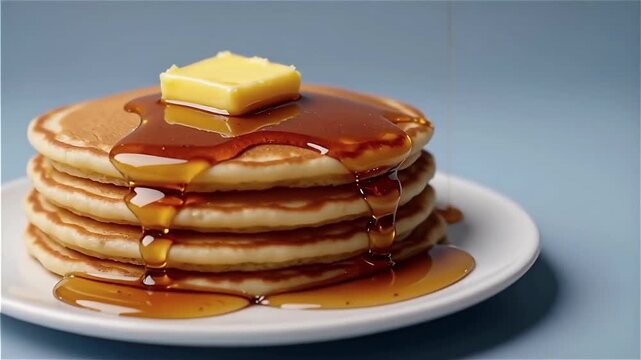 Fluffy pancakes topped with melting butter and syrup, served on a white plate against a light blue background, evoking warmth and comfort
