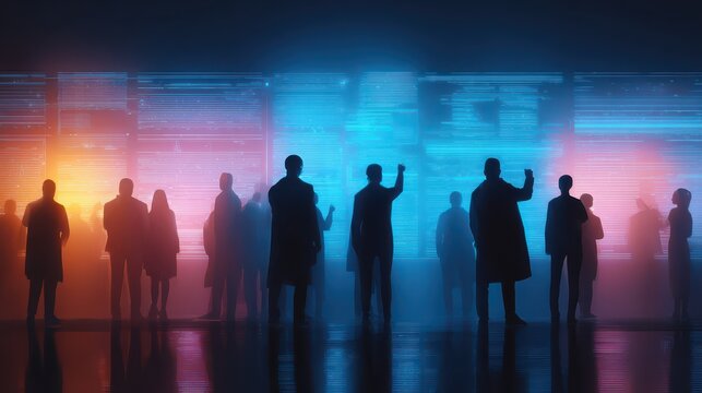 People watch colorful digital screens in a dark room with bright lights at a tech event in the evening hours