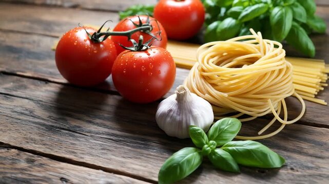 Fresh ingredients arranged on rustic wooden table, featuring ripe tomatoes, garlic bulb, fresh basil, and uncooked spaghetti