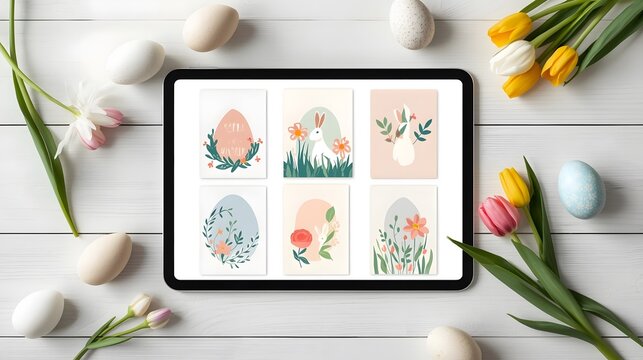 Modern Easter Card Flat Lay with Pastel Decorations and Flowers