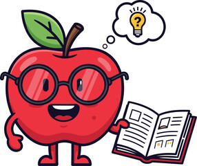 Cute Smart Apple Mascot Character with Glasses Reading Book and Idea Lightbulb Cartoon Illustration Isolated on White background