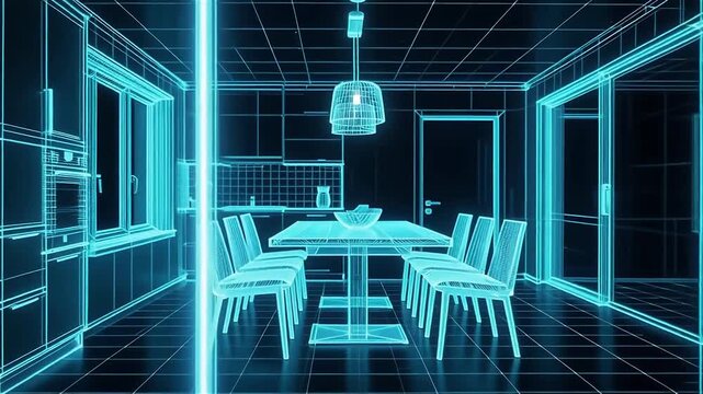 Futuristic 3D representation of a kitchen with glowing blue outlines and a modern aesthetic, emphasizing clean design and spatial structure