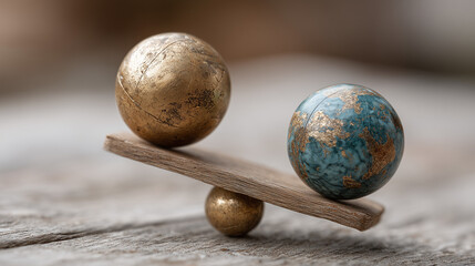 Obraz premium Global Balance: A symbolic image depicting the delicate balance of the planet and its resources, two spheres rest precariously on a wooden seesaw.