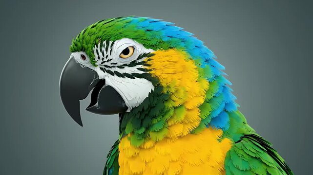 Vibrant and majestic macaw parrot illustration showcasing stunning blue, green, and yellow plumage against a clean, neutral background, symbolizing tropical avian beauty
