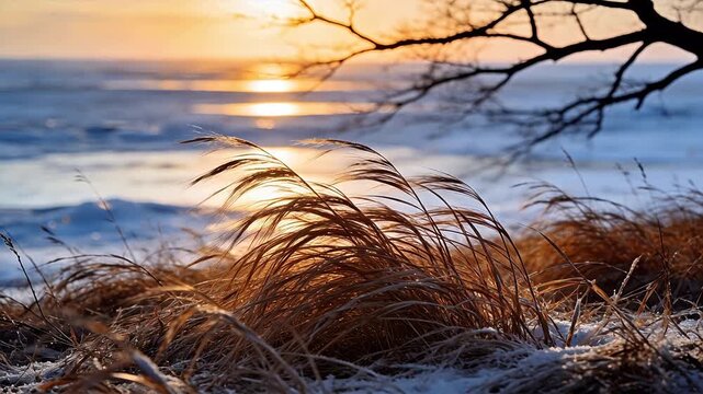 Winter sunset over calm water with frosted grass and warm sky