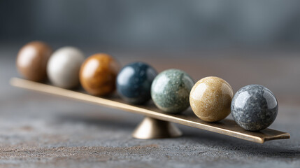 Harmony on the Balance: A collection of meticulously crafted spheres rests in perfect equilibrium atop a delicate seesaw, an emblem of balance, precision, and the art of maintaining equilibrium.