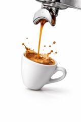 Inclined espresso cup tipping as espresso pours from portafilter spout high speed coffee splash high key studio isolated on white