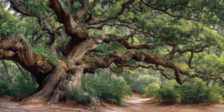 Angel oak tree spreading old gnarled branches in forest
