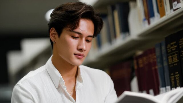 Student studying in library, focused reader, academic pursuit, bookworm, scholarly environment, quiet reading space, engagement.