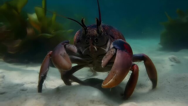 Majestic Underwater Crab: An up-close view of a fascinating crab navigating its ocean environment, showcasing its impressive claws and unique features