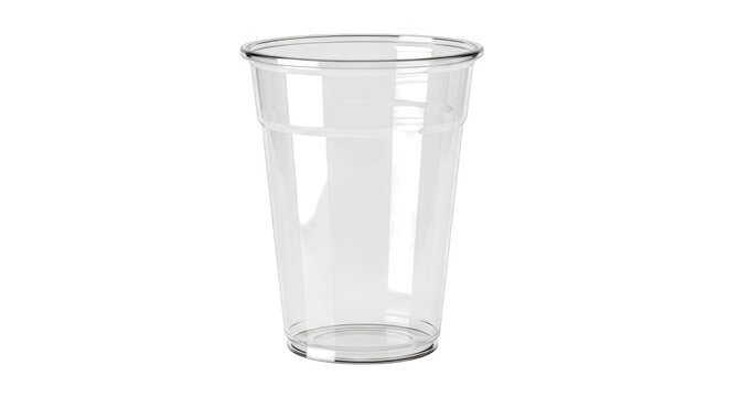 Clear plastic cup isolated studio shot on transparent background high quality