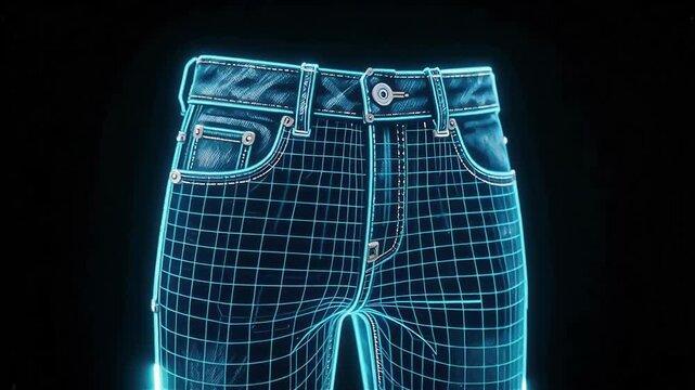 Futuristic digital representation of blue jeans with glowing neon lines over a dark background, showcasing intricate patterns and textures