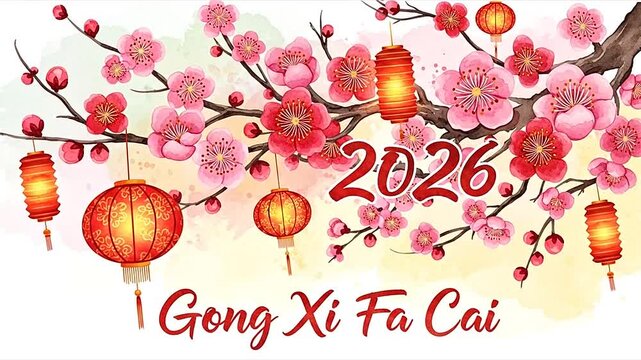 Vibrant Lunar New Year 2026 Illustration with Blooming Cherry Blossoms, Traditional Red Lanterns, and "Gong Xi Fa Cai" Text on a Light Background
