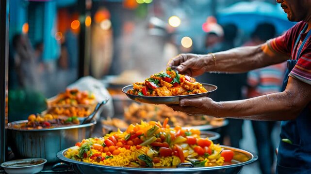 Food cart vendor presenting curry dish, street food stall, ethnic cuisine, night market, aromatic meal, culinary culture, local delicacy.