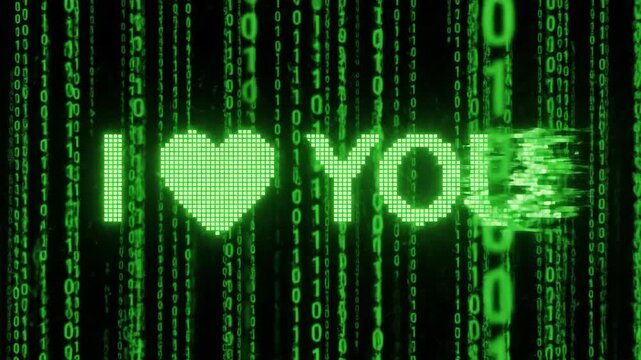 Digital display of "I love you" in green pixels, transitioning through binary code, showcasing a dynamic visual flow, emphasizing love and connection in a tech-inspired scene