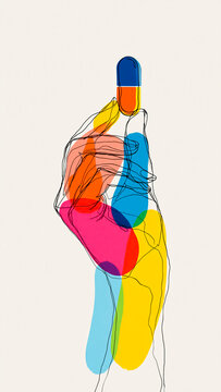 Colorful Pill Held in Hand Minimalist Line Drawing. Dosage Guidance, Medical Therapy, Prescription Care.