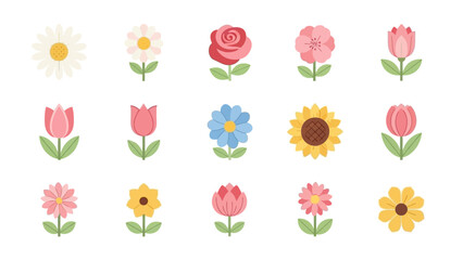 A delightful collection of cute and colorful spring flower icons in flat design.