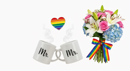 Pride themed wedding mugs and bouquet with rainbow ribbon isolated on white background
