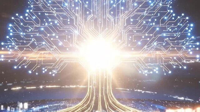 Digital tree with glowing circuits and nodes, representing technology and connectivity in a futuristic style.