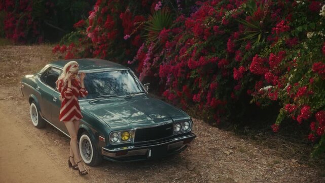 Blonde Woman In Retro Attire By Automobile. Serene Woman Resting Near Vehicle Amidst Lush Flowers