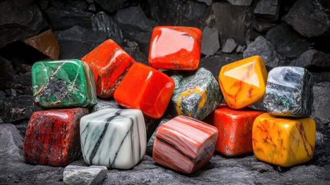 Polished Gemstones in Vibrant Colors Arranged on a Textured Natural Stone Background