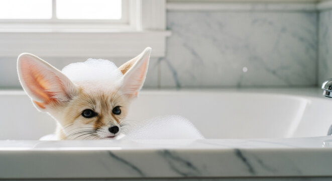 Cute fennec fox bath with big ears peeking over edge of white marble bathtub, bubbles on head. This fennec fox bath experience includes small *Vulpes zerda* enjoying clean bath time.