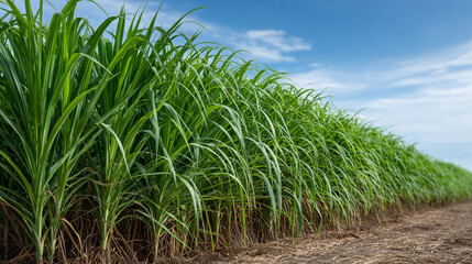 Fototapeta premium Sugar Cane Plantation: A vibrant row of sugar cane stalks flourishing under a bright blue sky, the image offers a glimpse into agriculture and nature's bounty.