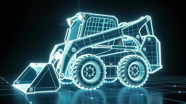 Futuristic holographic representation of a construction vehicle in a digital environment with glowing outlines and sleek design